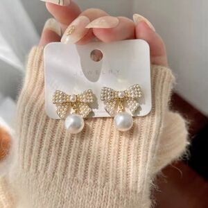 Crystal Bow & Faux Pearl Drop Earrings Elegant Dainty Dangles